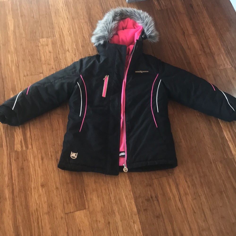 A two piece pink and zebra print winter jacket